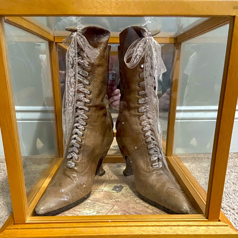 Antique Victorian boots with mirrored shadow box. Nearly perfect!
